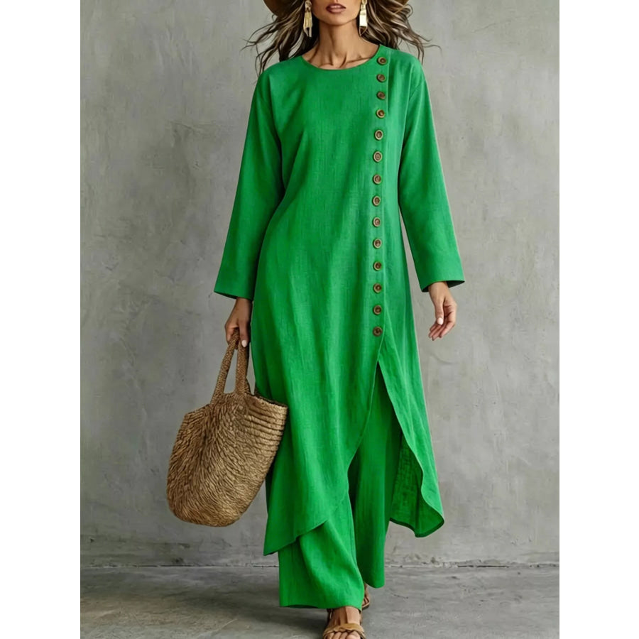 Full Size Side-Buttoned Longline Top and Pants Set Plus Green / S Apparel Accessories
