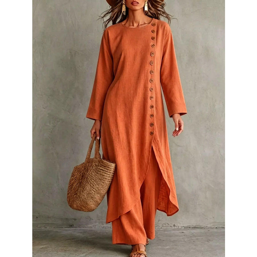 Full Size Side-Buttoned Longline Top and Pants Set Plus Orange-red / S Apparel Accessories