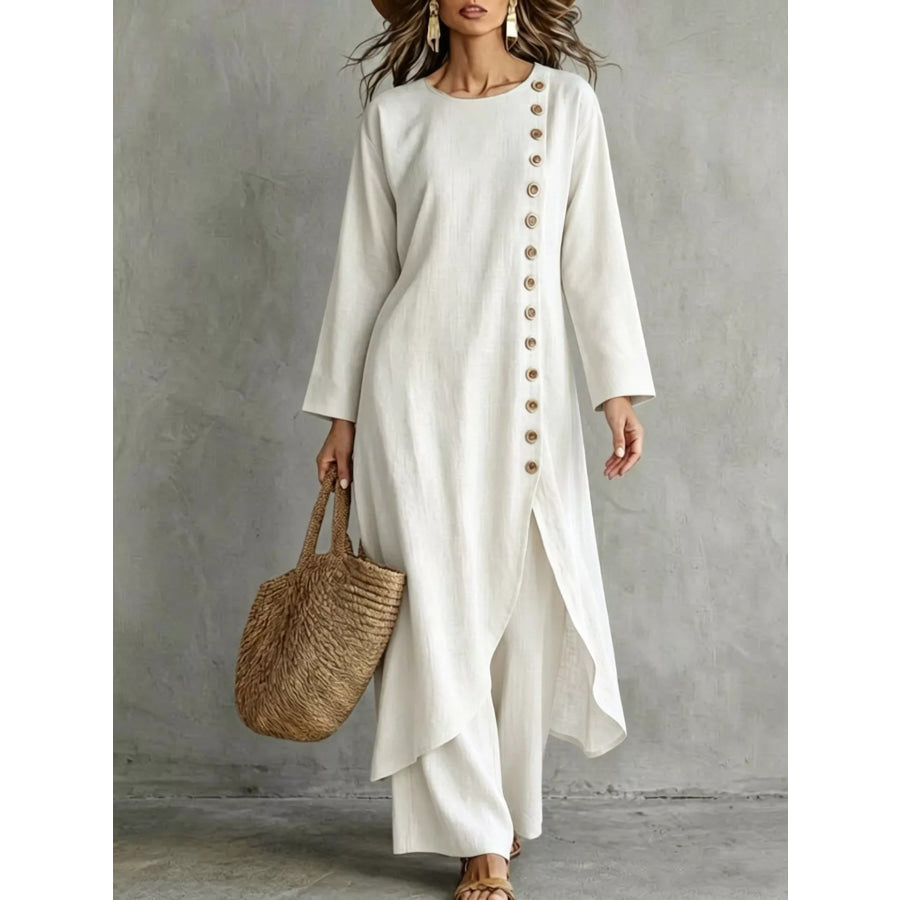 Full Size Side-Buttoned Longline Top and Pants Set Plus White / S Apparel Accessories