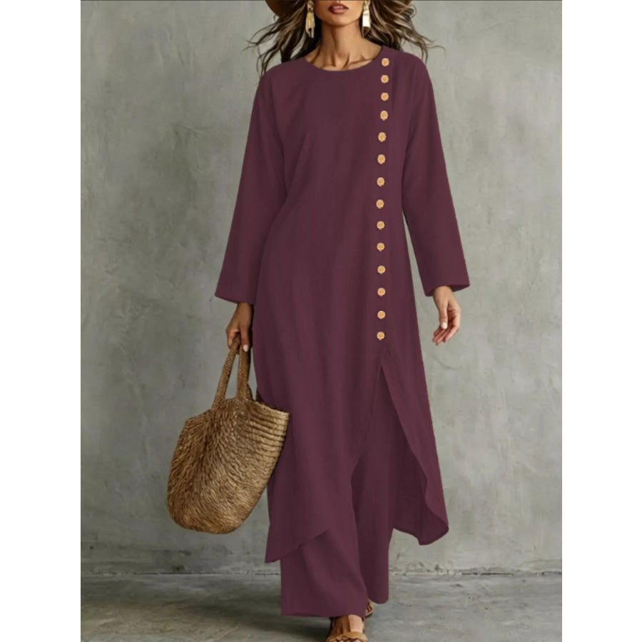 Full Size Side-Buttoned Longline Top and Pants Set Plus Wine Red / S Apparel Accessories