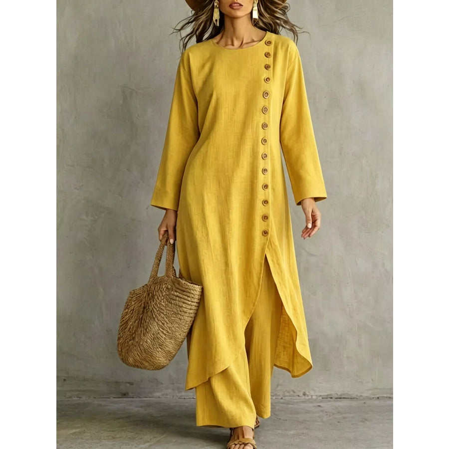 Full Size Side-Buttoned Longline Top and Pants Set Plus Yellow / S Apparel Accessories