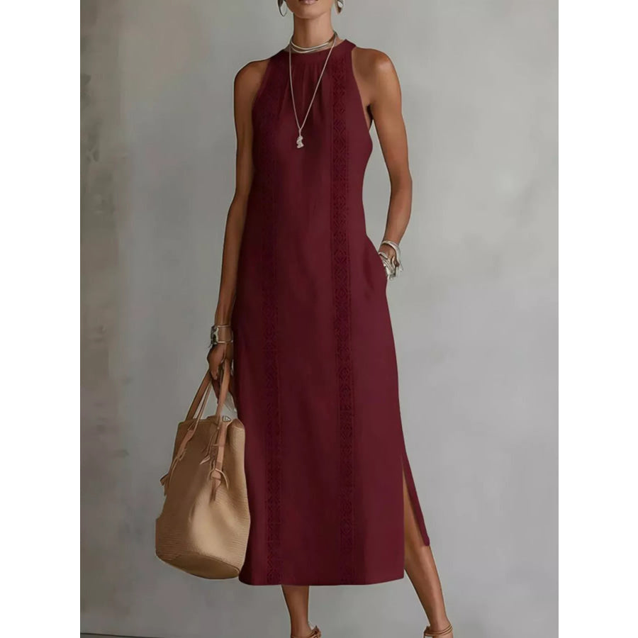 Full Size Side Slit Sleeveless Midi Dress Plus Size Burgundy / S Apparel and Accessories