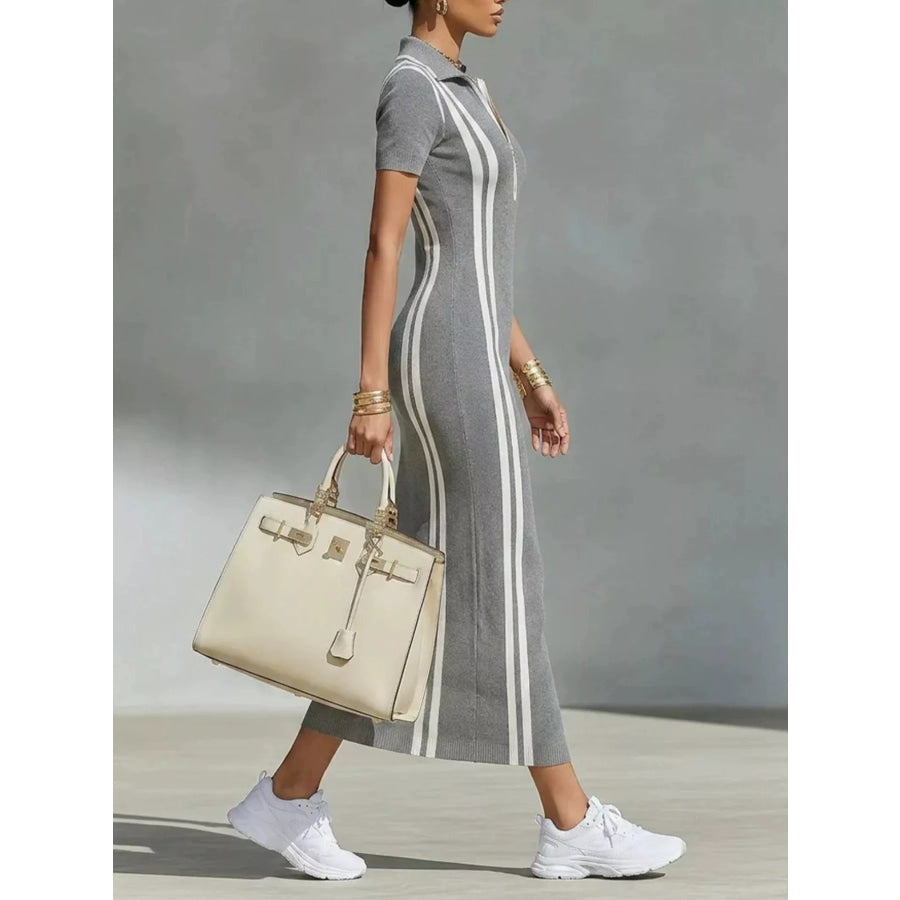 Full Size Side Stripe Short Sleeve Dress Plus Apparel and Accessories