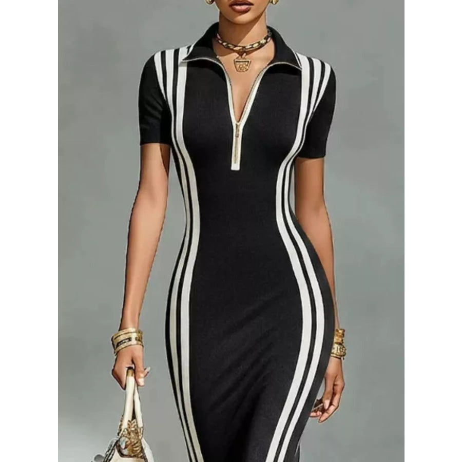 Full Size Side Stripe Short Sleeve Dress Plus Apparel and Accessories