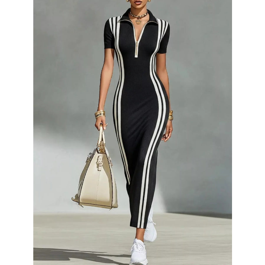 Full Size Side Stripe Short Sleeve Dress Plus Black / S Apparel and Accessories