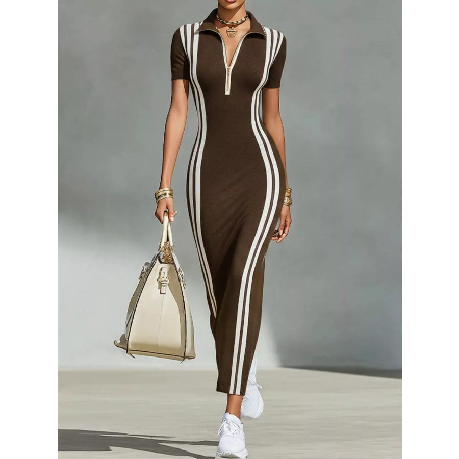 Full Size Side Stripe Short Sleeve Dress Plus Brown / S Apparel and Accessories