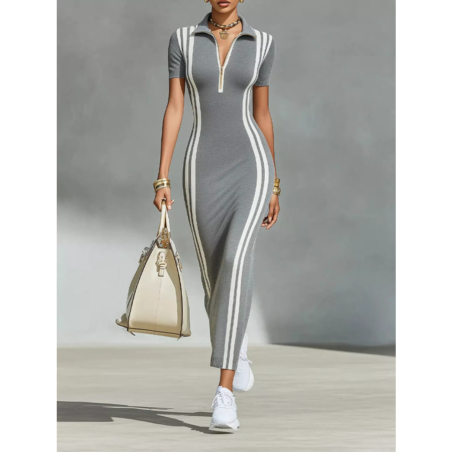 Full Size Side Stripe Short Sleeve Dress Plus Gray / S Apparel and Accessories