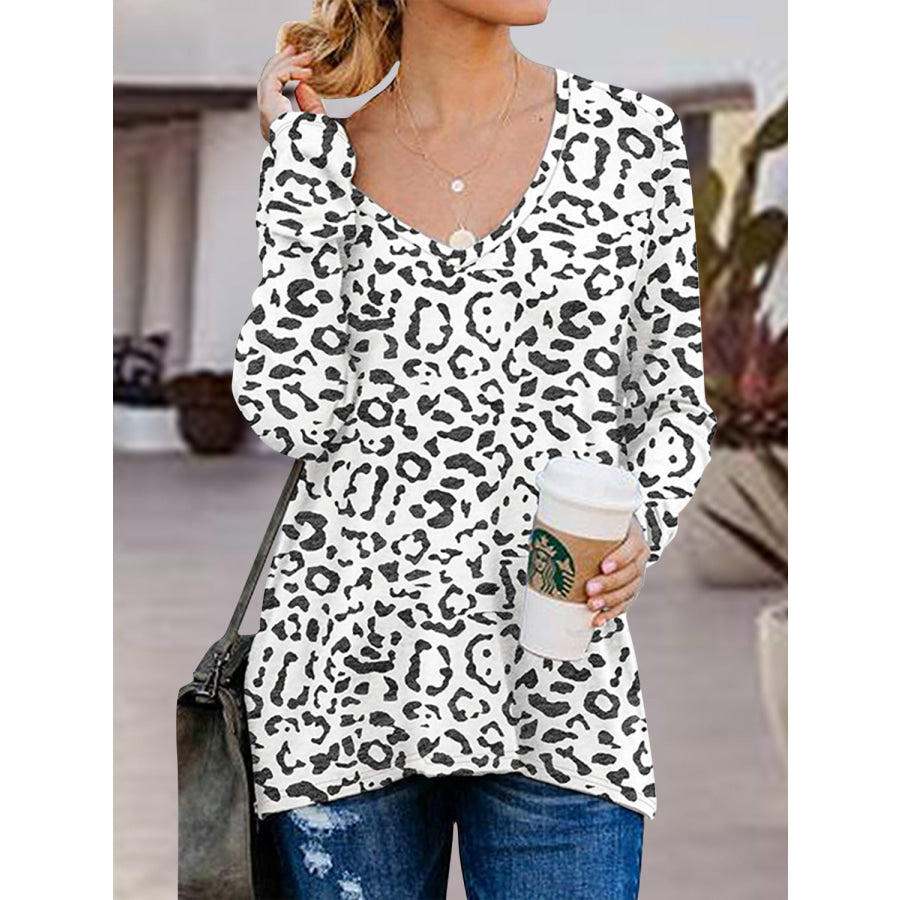Full Size Side Zip Printed V-Neck Long Sleeve T-Shirt Apparel and Accessories