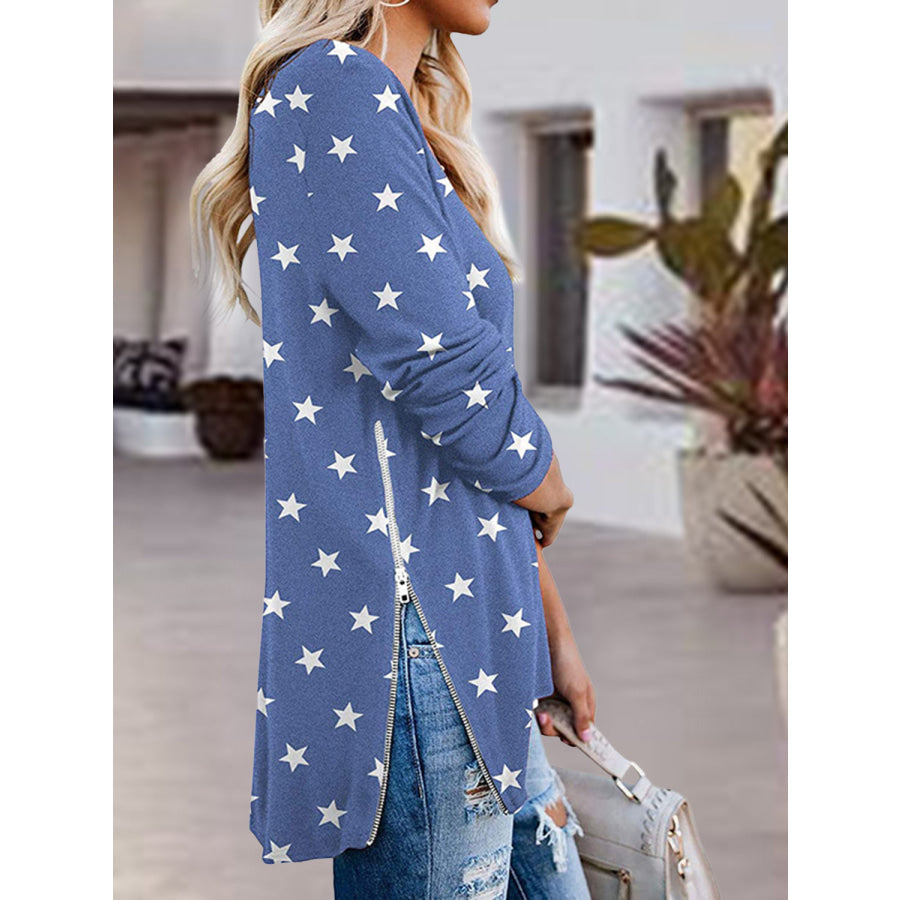 Full Size Side Zip Printed V-Neck Long Sleeve T-Shirt Apparel and Accessories