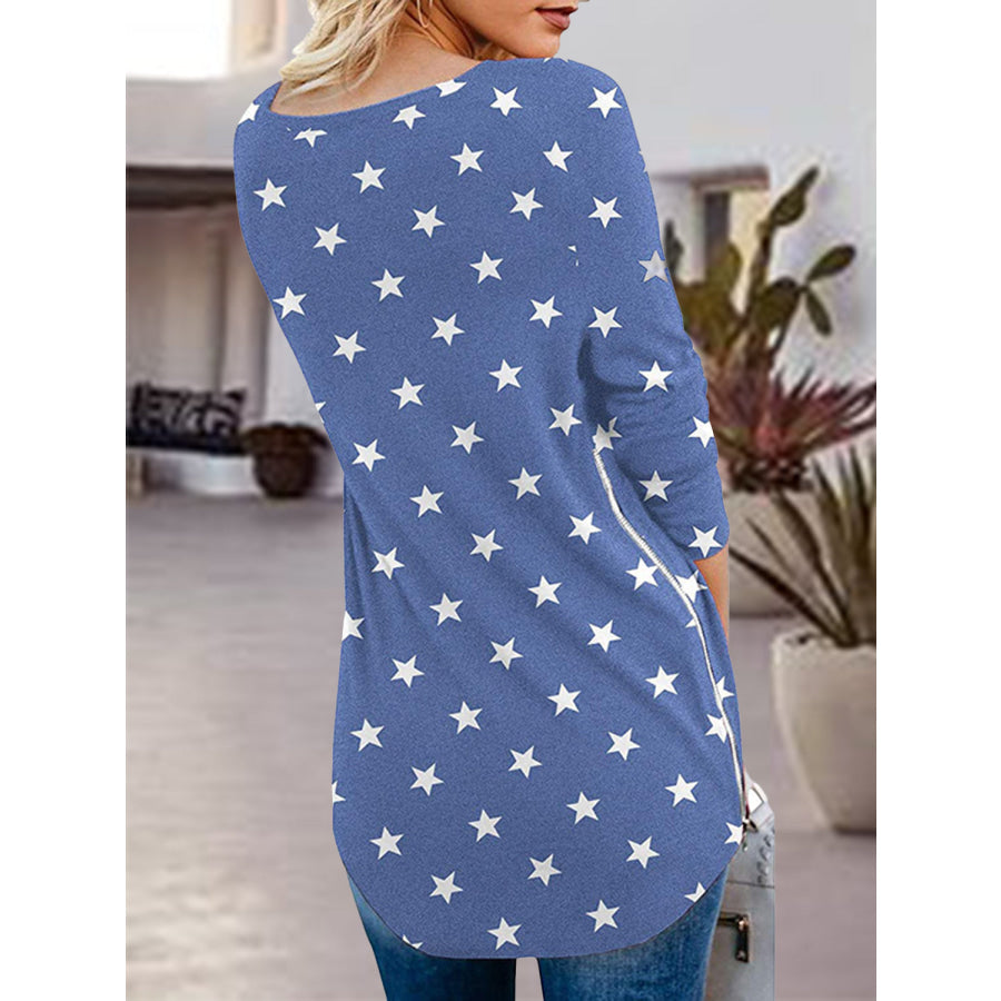 Full Size Side Zip Printed V-Neck Long Sleeve T-Shirt Blue / S Apparel and Accessories