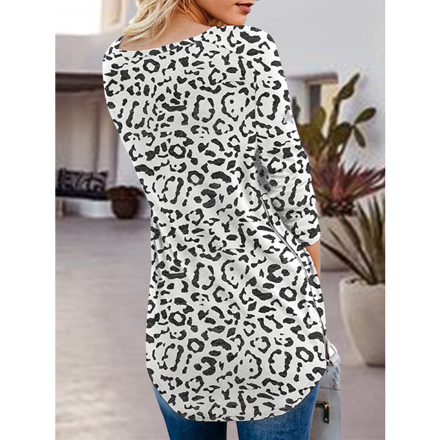 Full Size Side Zip Printed V-Neck Long Sleeve T-Shirt Apparel and Accessories