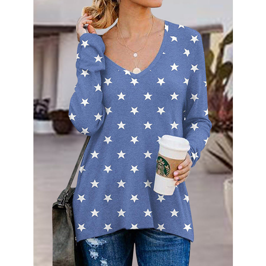Full Size Side Zip Printed V-Neck Long Sleeve T-Shirt Blue / S Apparel and Accessories