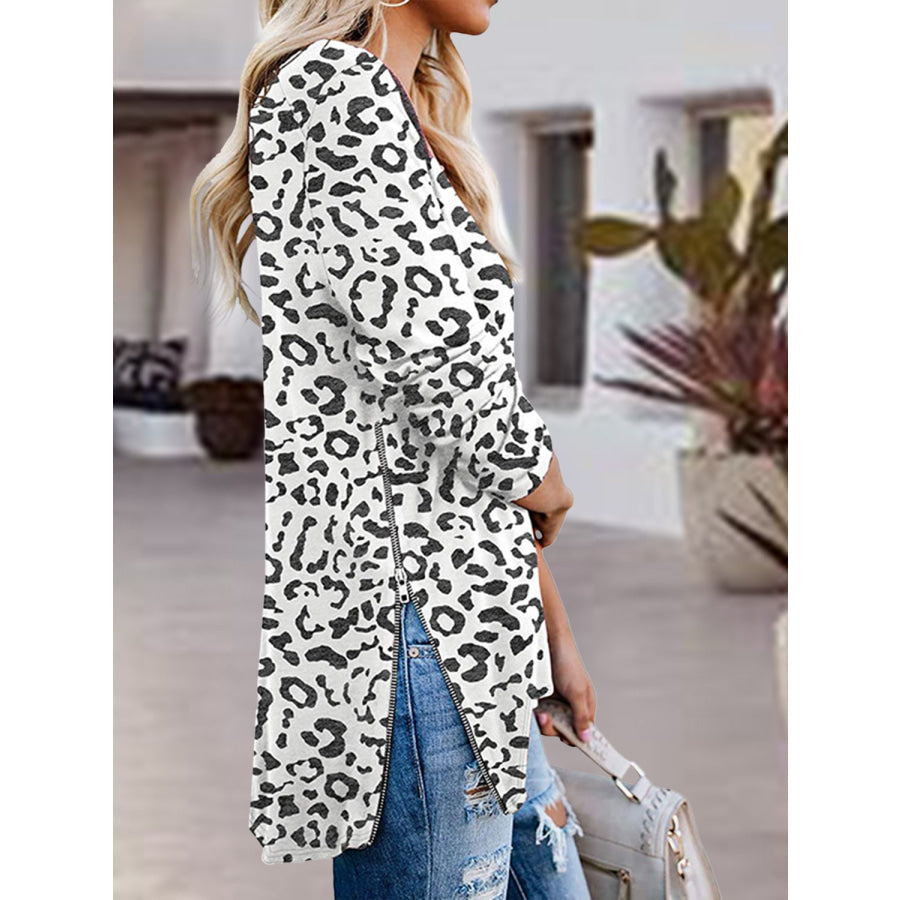 Full Size Side Zip Printed V-Neck Long Sleeve T-Shirt White / S Apparel and Accessories