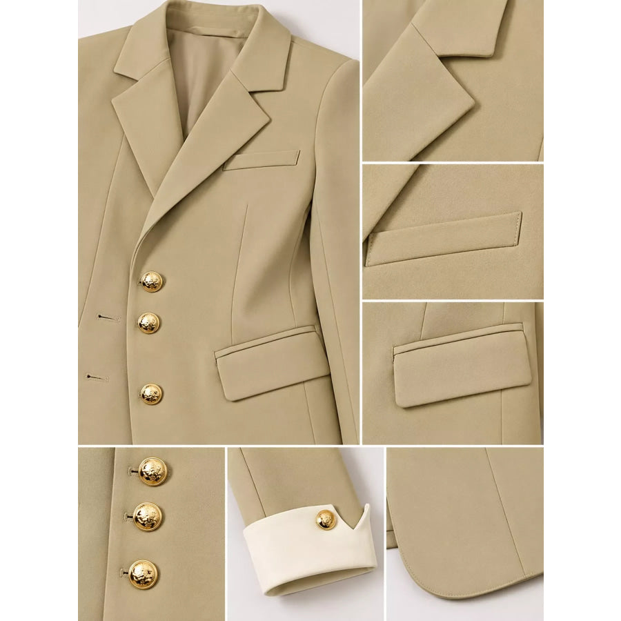 Full Size Single-Breasted Blazer with Gold Button Accents Plus Apparel and Accessories
