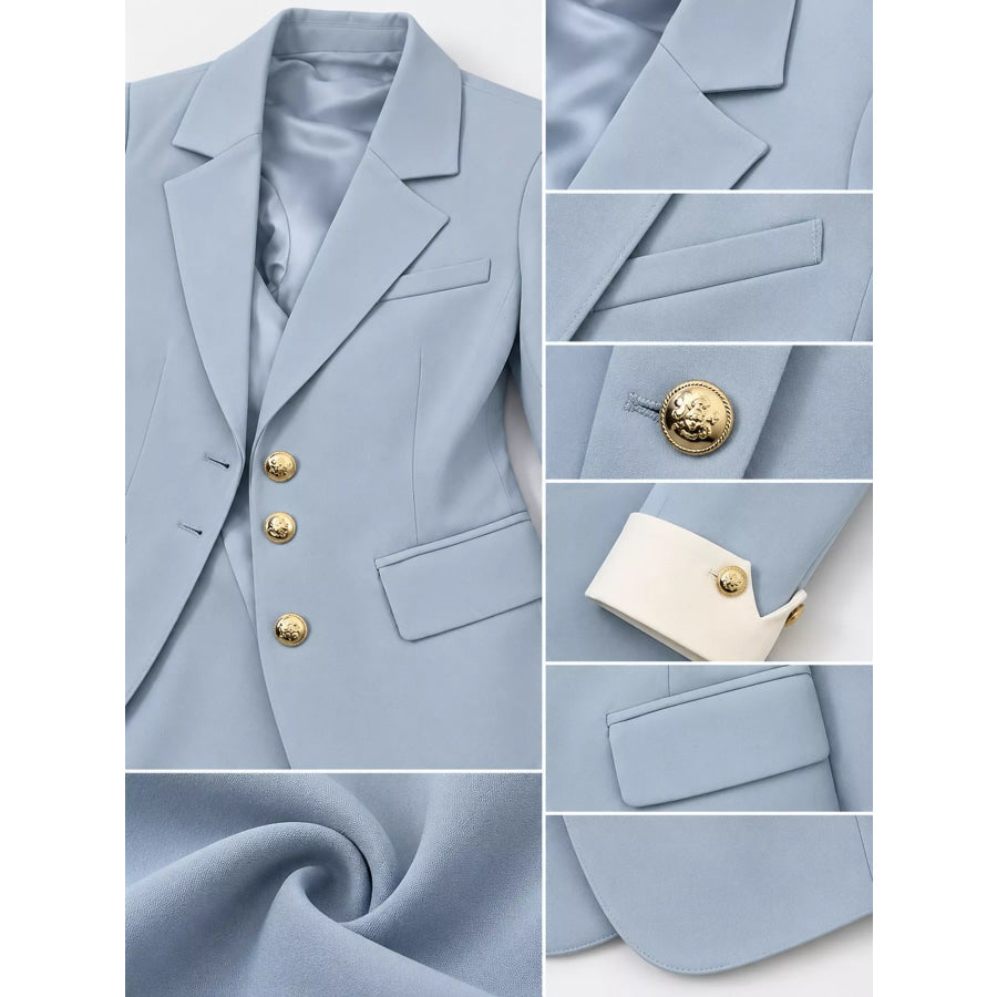 Full Size Single-Breasted Blazer with Gold Button Accents Plus Apparel and Accessories