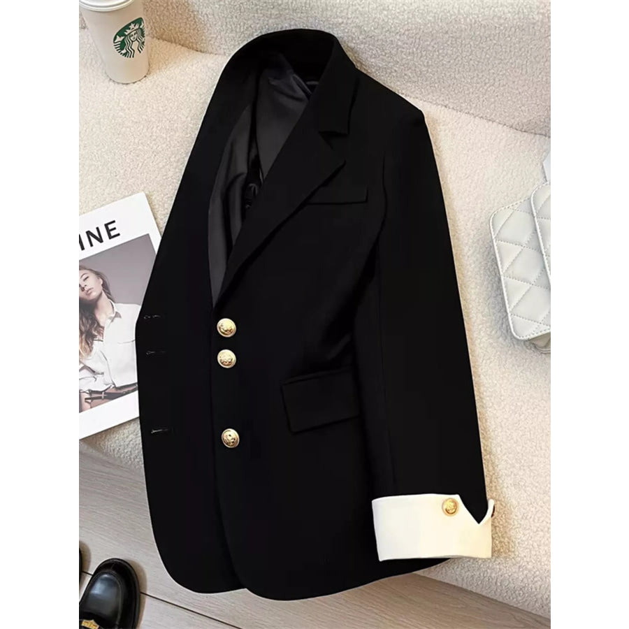Full Size Single-Breasted Blazer with Gold Button Accents Plus Black / S Apparel and Accessories