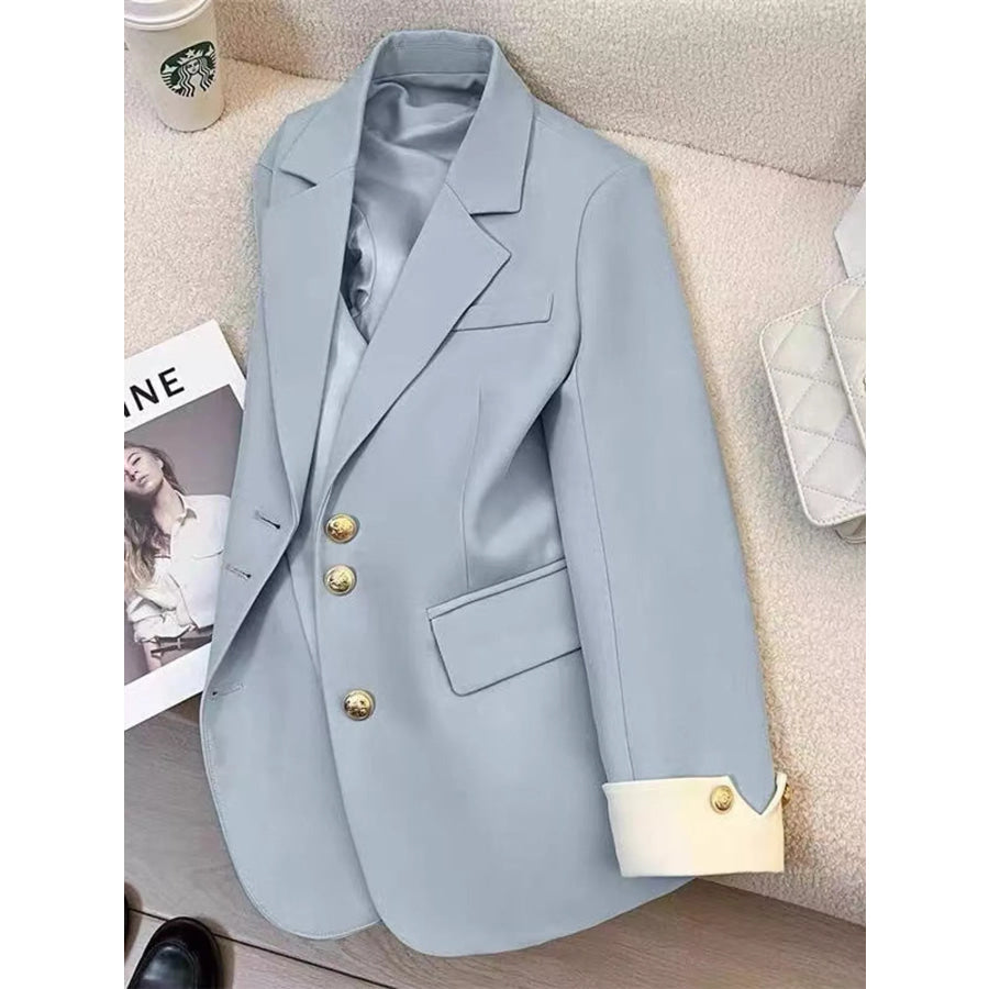 Full Size Single-Breasted Blazer with Gold Button Accents Plus Blue / S Apparel and Accessories