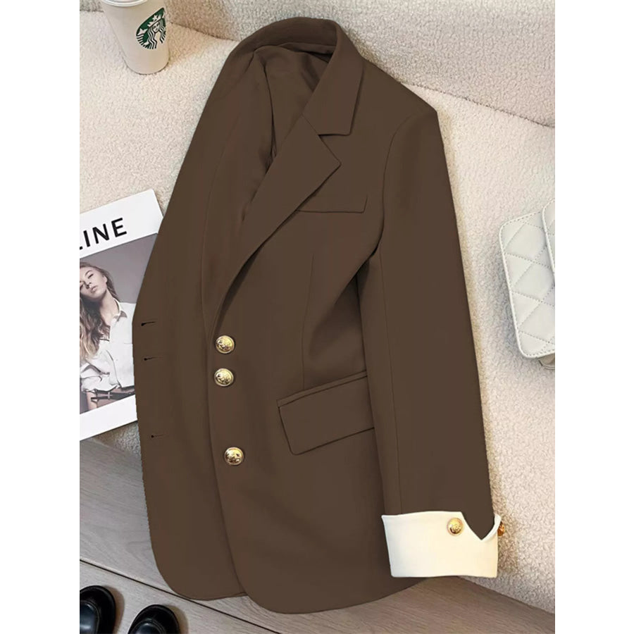 Full Size Single-Breasted Blazer with Gold Button Accents Plus Coffee / S Apparel and Accessories