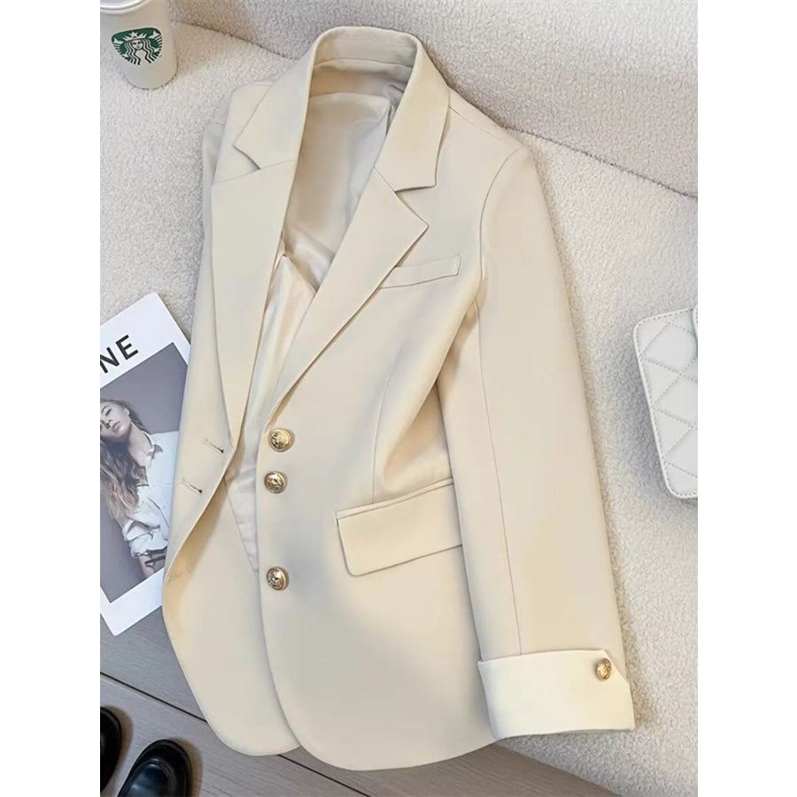 Full Size Single-Breasted Blazer with Gold Button Accents Plus Ivory / S Apparel and Accessories