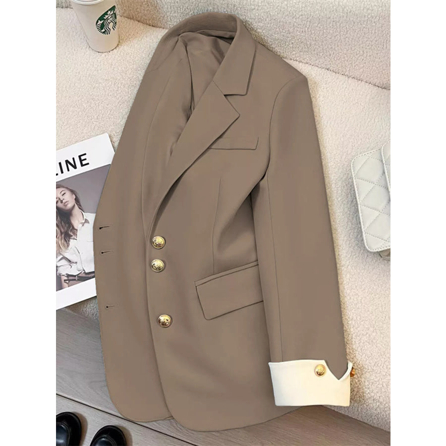 Full Size Single-Breasted Blazer with Gold Button Accents Plus Khaki / S Apparel and Accessories