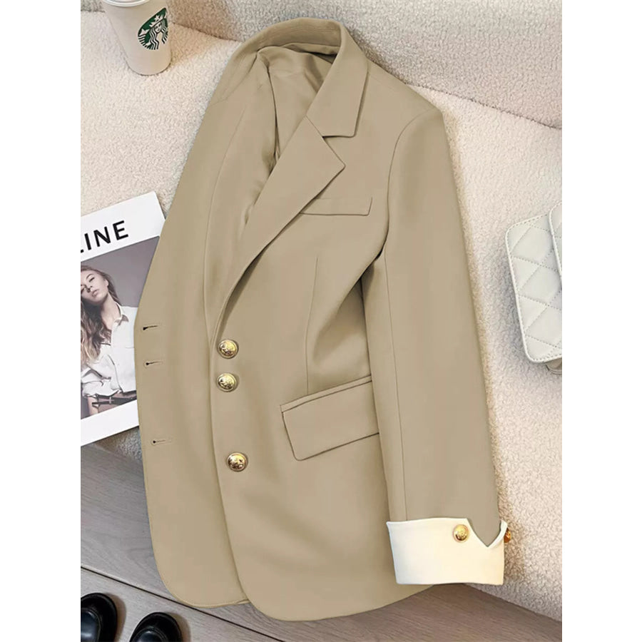 Full Size Single-Breasted Blazer with Gold Button Accents Plus Mustard Yellow / S Apparel and Accessories