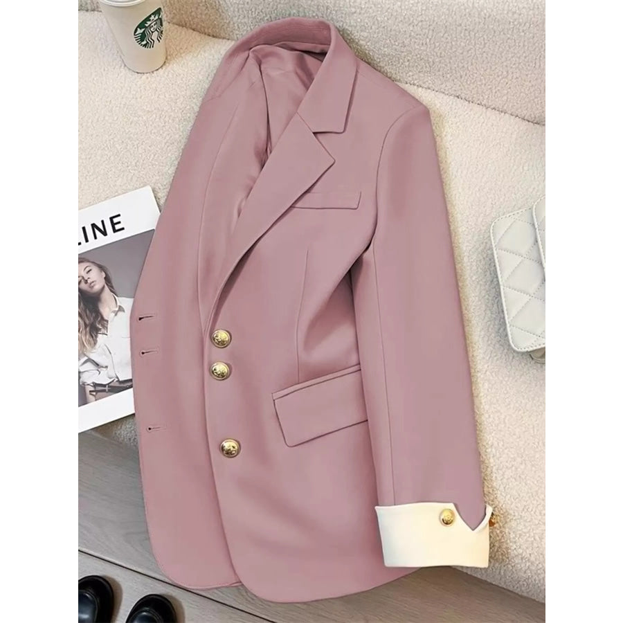 Full Size Single-Breasted Blazer with Gold Button Accents Plus Pink / S Apparel and Accessories