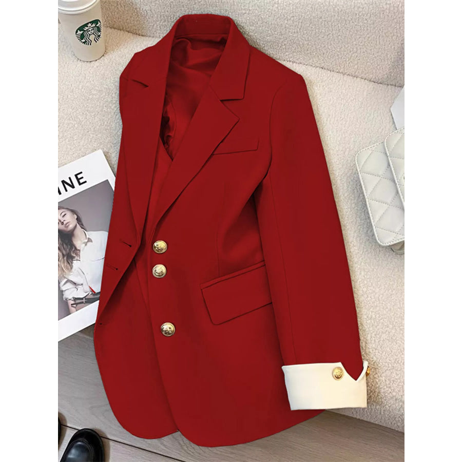 Full Size Single-Breasted Blazer with Gold Button Accents Plus Red / S Apparel and Accessories