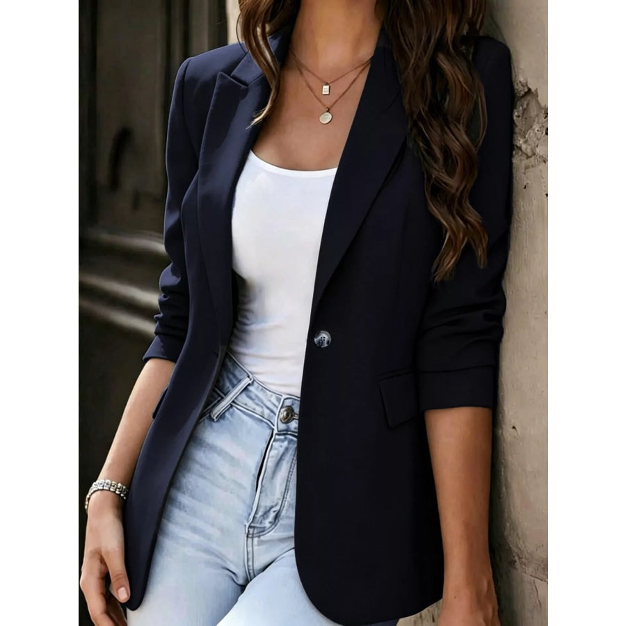 Full Size Single-Breasted Lapel Collar Blazer Plus Size Navy Blue / S Apparel and Accessories