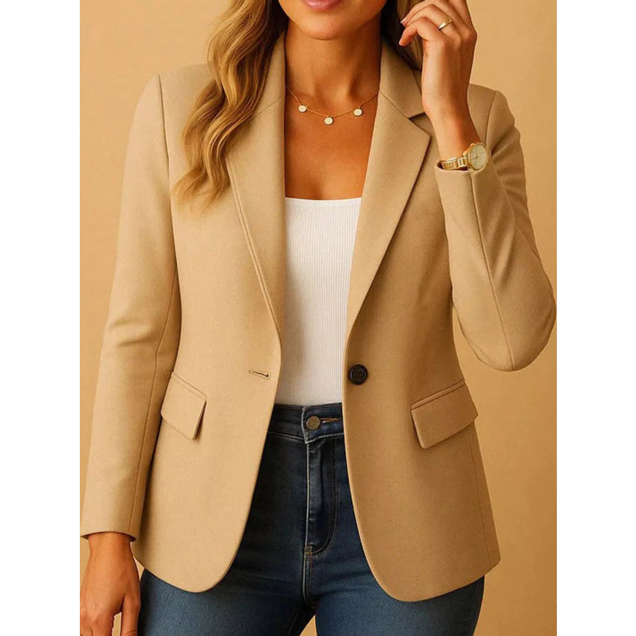 Full Size Single-Button Slim Fit Blazer Plus Khaki / S Apparel and Accessories