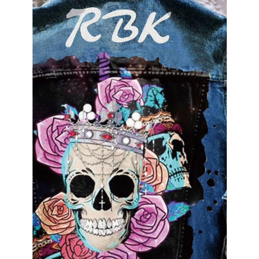 Full Size Skull and Rose Graphic Denim Jacket Plus Apparel Accessories