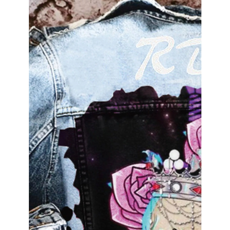 Full Size Skull and Rose Graphic Denim Jacket Plus Apparel Accessories
