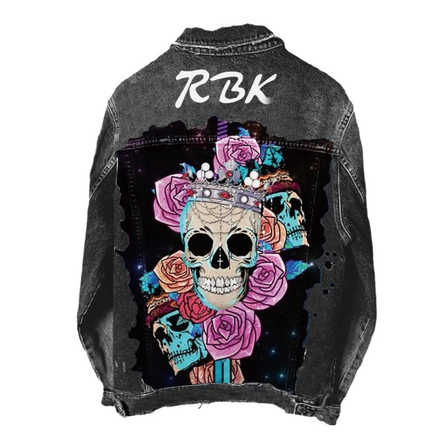 Full Size Skull and Rose Graphic Denim Jacket Plus Black / S Apparel Accessories