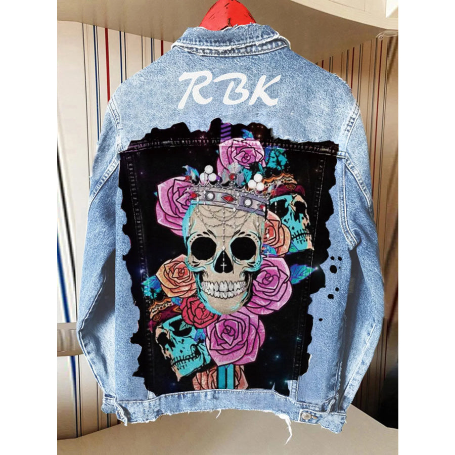 Full Size Skull and Rose Graphic Denim Jacket Plus Light Blue / S Apparel Accessories