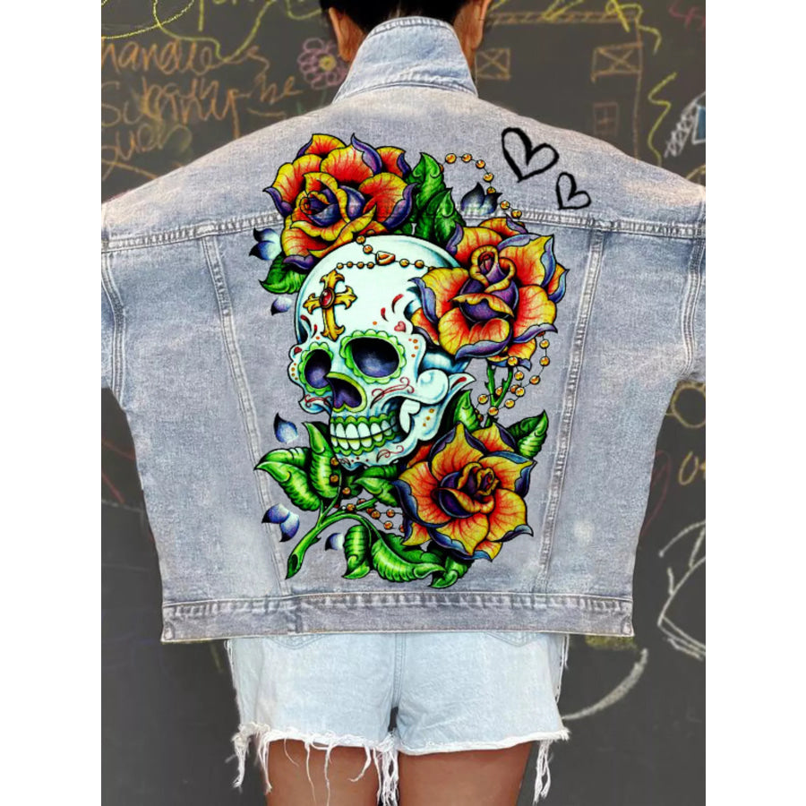 Full Size Skull Graphic Button Up Denim Jacket Plus Apparel and Accessories