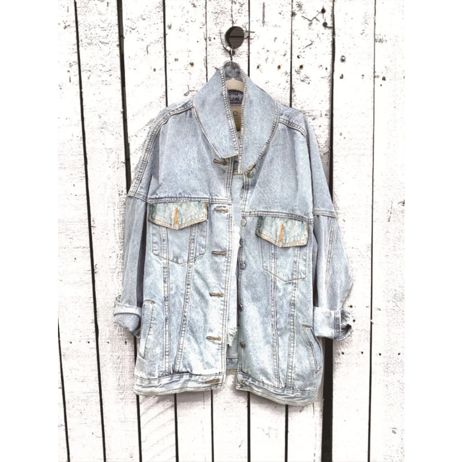 Full Size Skull Graphic Button Up Denim Jacket Plus Apparel and Accessories