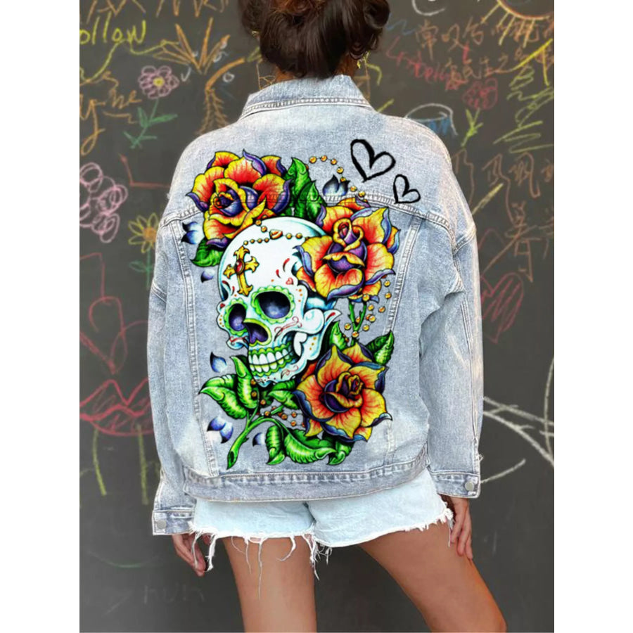 Full Size Skull Graphic Button Up Denim Jacket Plus Apparel and Accessories