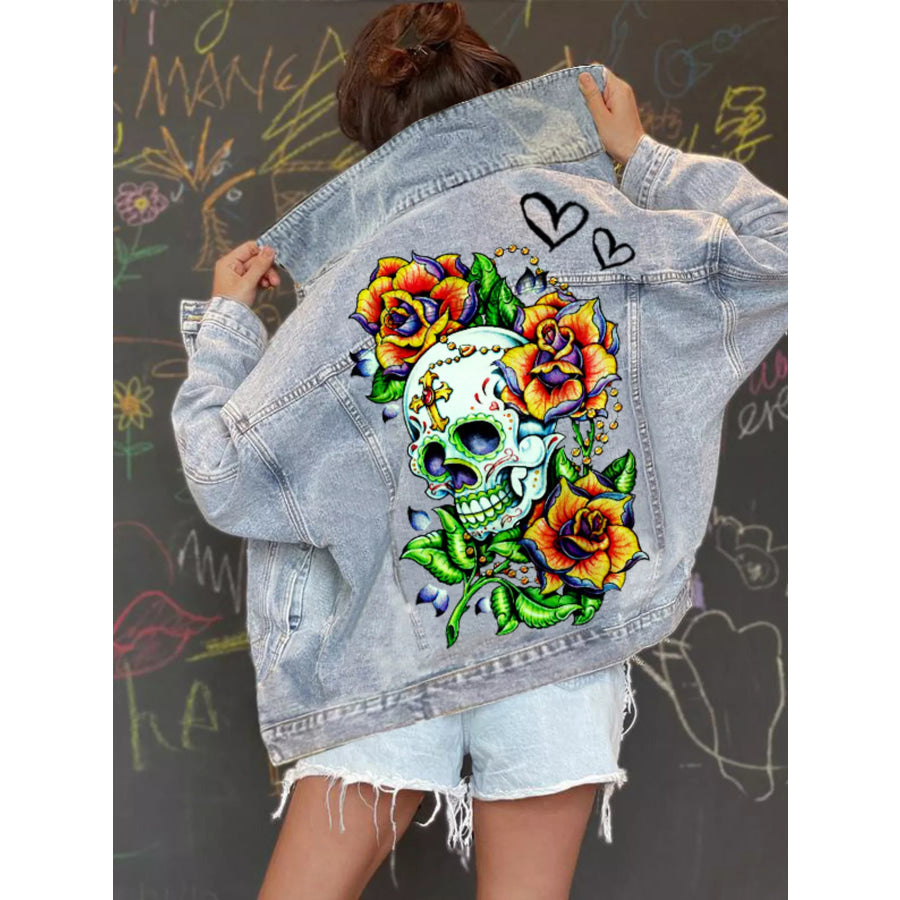 Full Size Skull Graphic Button Up Denim Jacket Plus Light Blue / S Apparel and Accessories