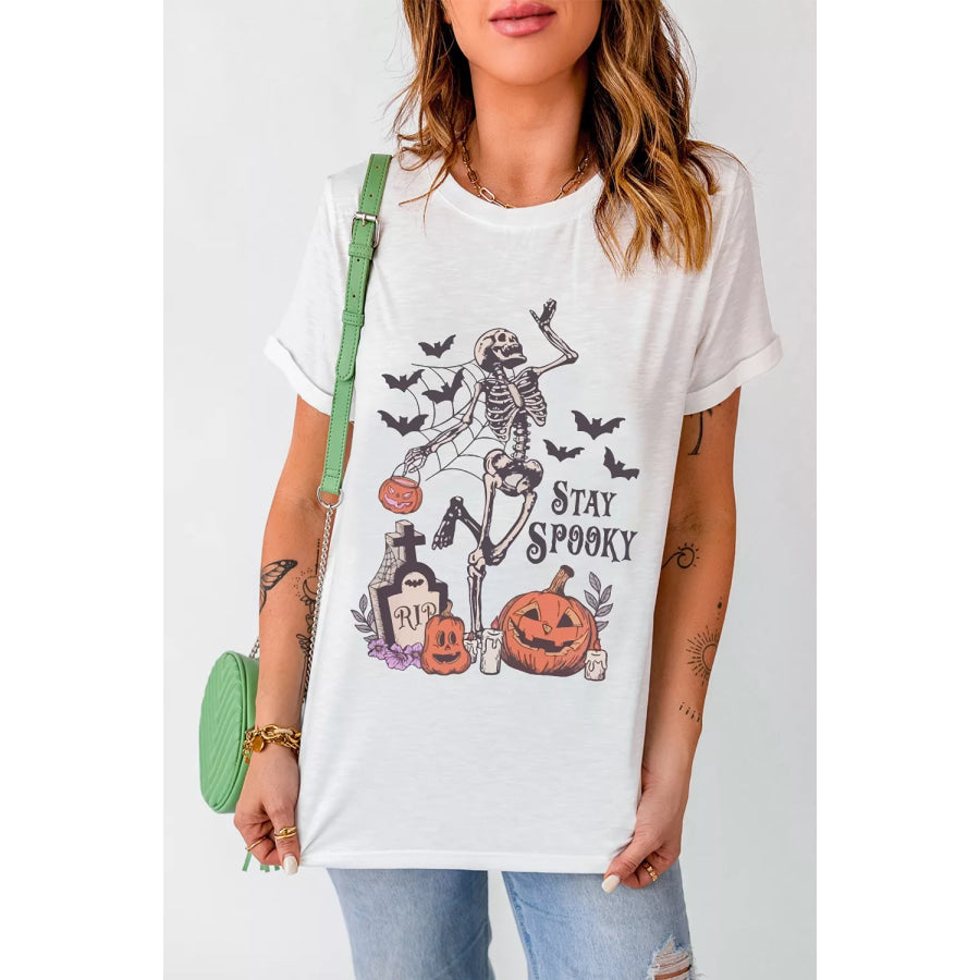 Full Size Skull Pumpkin Face STAY SPOOKY Graphic Halloween T Shirt Plus Size Apparel and Accessories