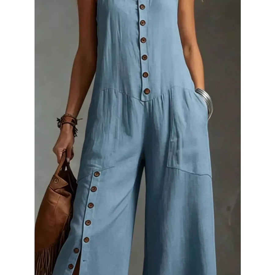 Full Size Sleeveless Button-Down Wide-Leg Jumpsuit Plus Size Apparel and Accessories