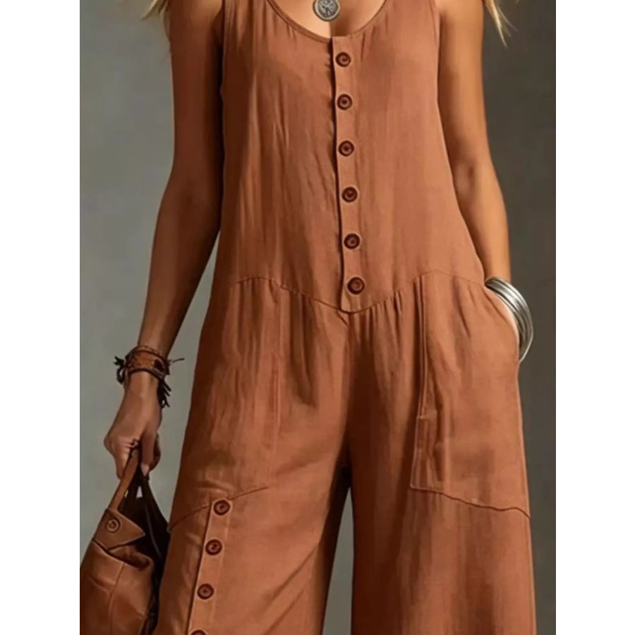 Full Size Sleeveless Button-Down Wide-Leg Jumpsuit Plus Size Apparel and Accessories