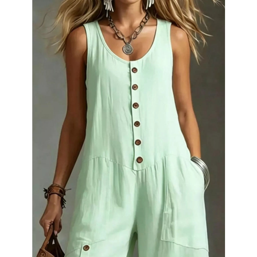 Full Size Sleeveless Button-Down Wide-Leg Jumpsuit Plus Size Apparel and Accessories