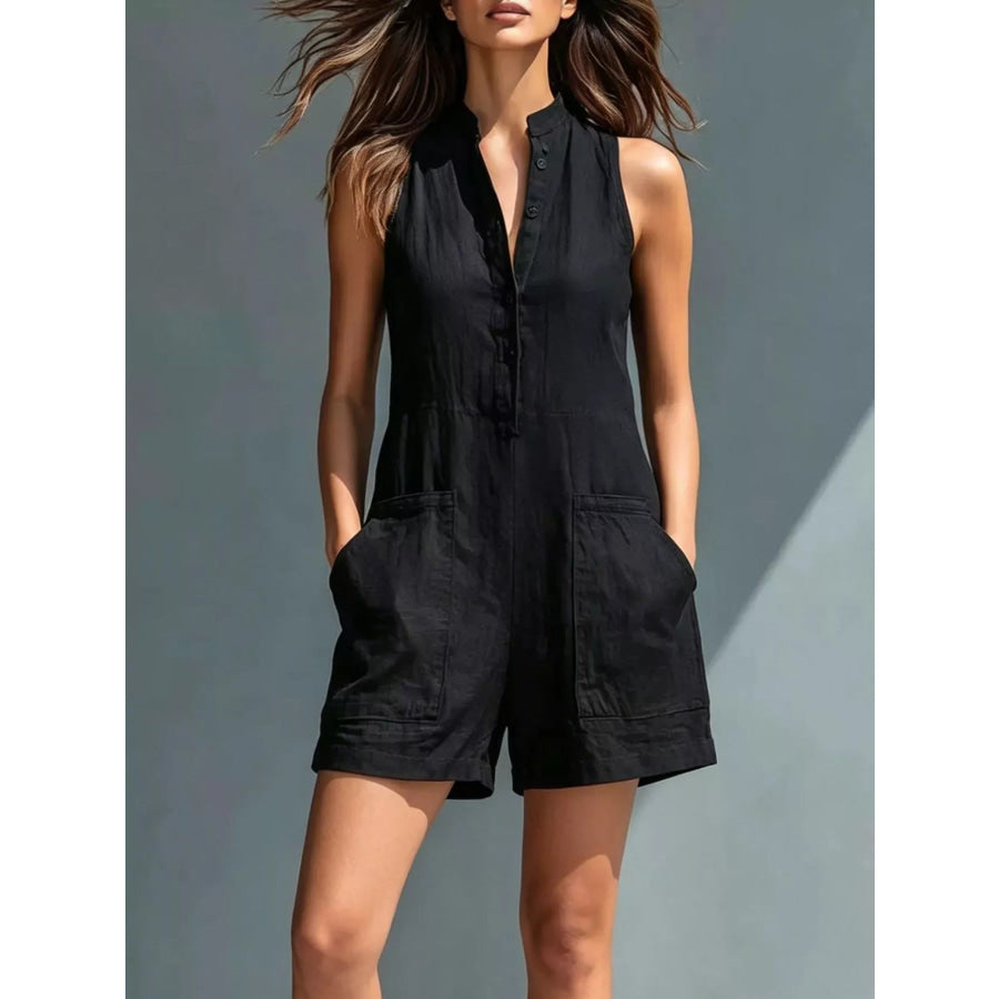 Full Size Sleeveless Button-Front Romper with Pockets Plus Size Black / S Apparel and Accessories