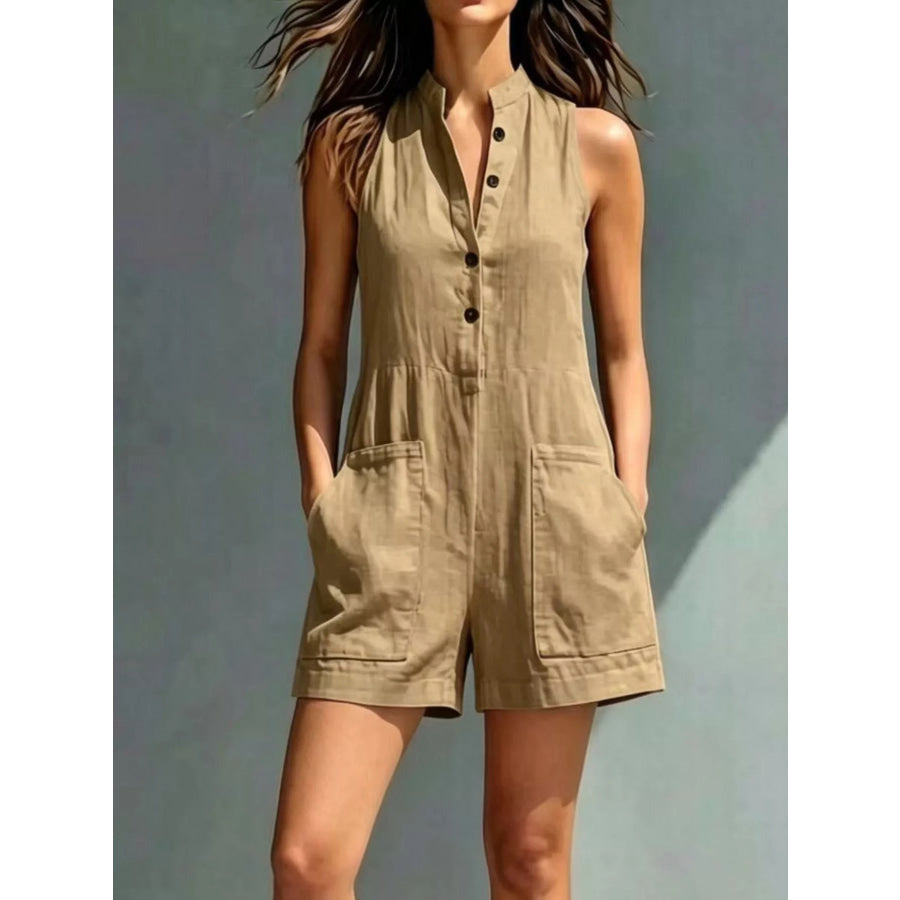 Full Size Sleeveless Button-Front Romper with Pockets Plus Size Camel / S Apparel and Accessories