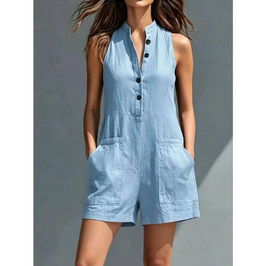 Full Size Sleeveless Button-Front Romper with Pockets Plus Size Light Blue / S Apparel and Accessories