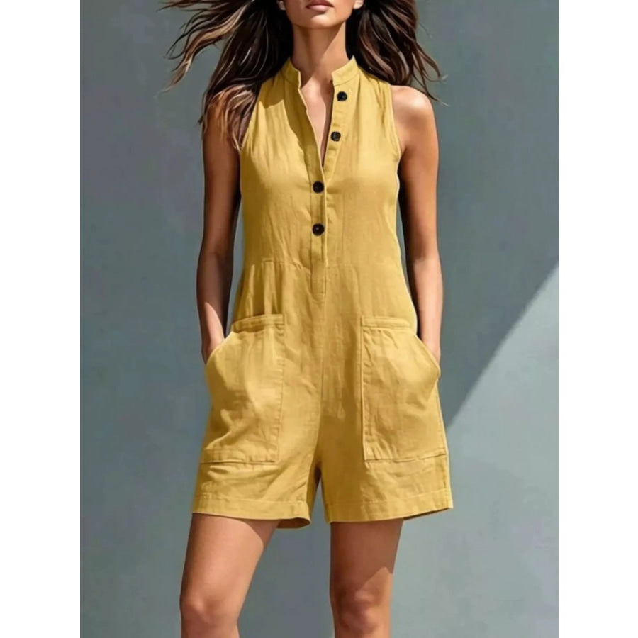 Full Size Sleeveless Button-Front Romper with Pockets Plus Size Mustard / S Apparel and Accessories