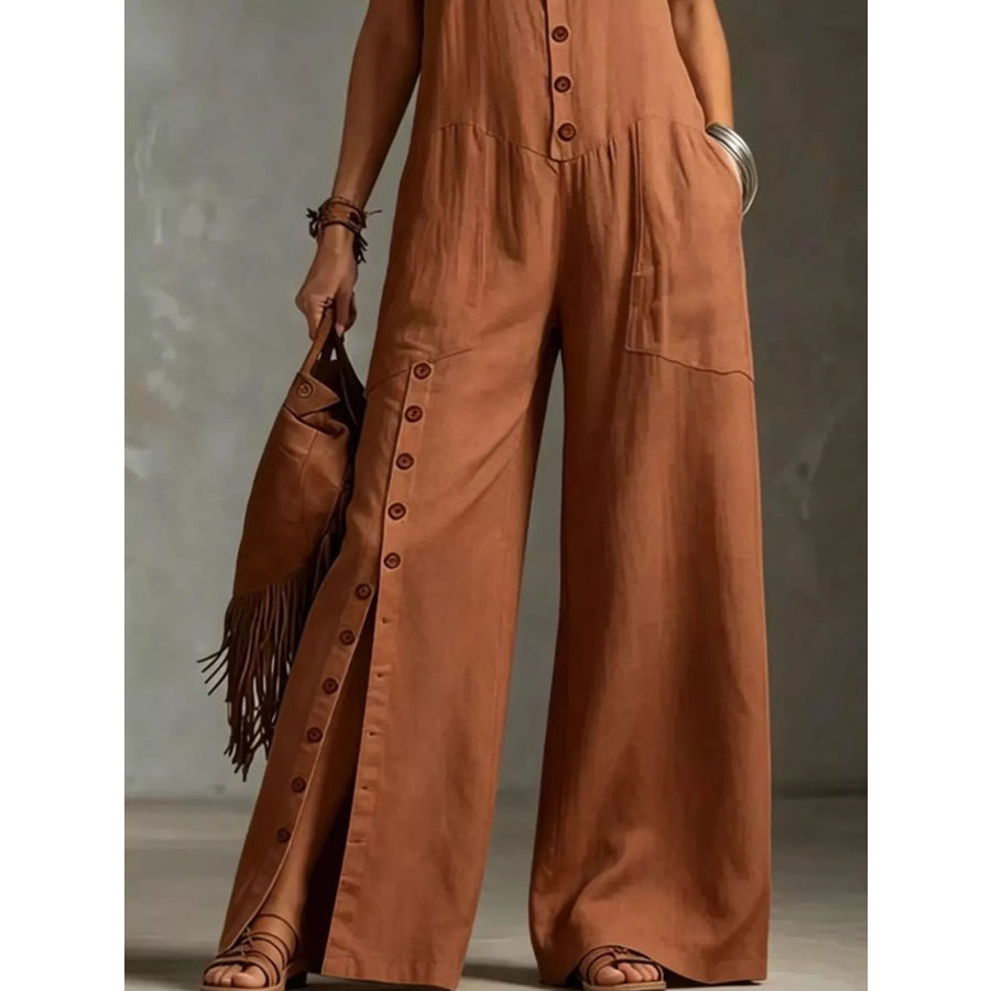 Full Size Sleeveless Button Front Wide Leg Jumpsuit Plus Size Apparel and Accessories