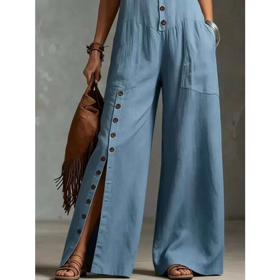 Full Size Sleeveless Button Front Wide Leg Jumpsuit Plus Size Apparel and Accessories