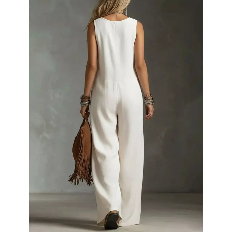 Full Size Sleeveless Button Front Wide Leg Jumpsuit Plus Size Apparel and Accessories