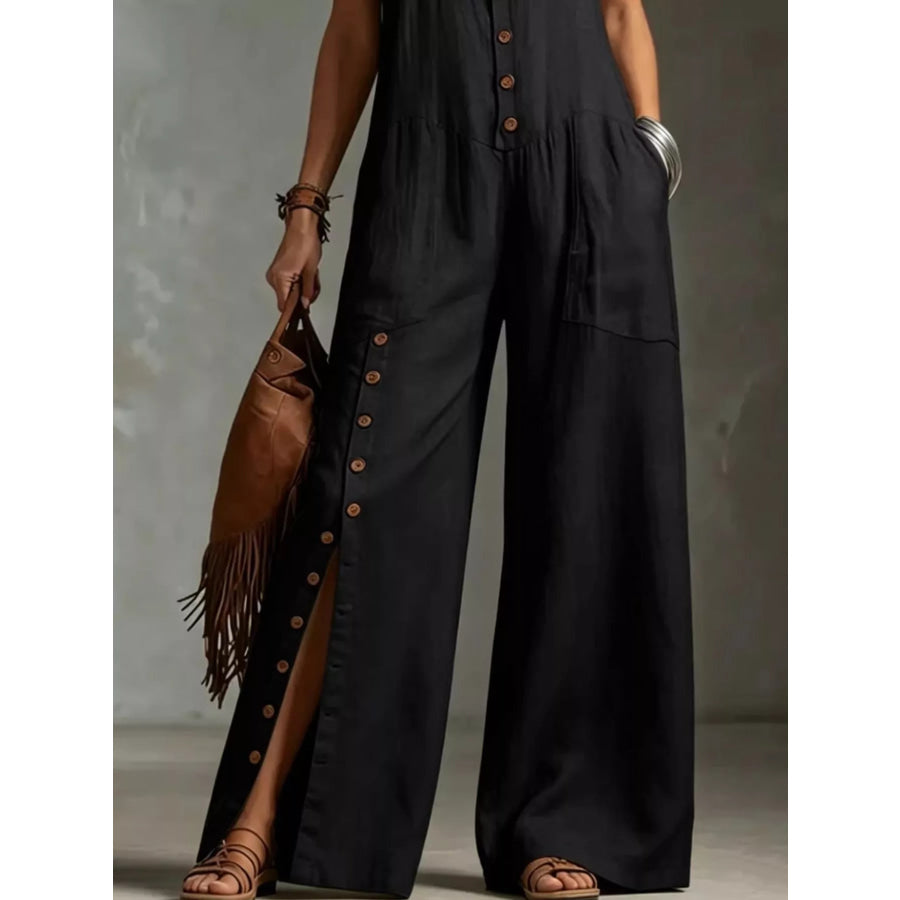 Full Size Sleeveless Button Front Wide Leg Jumpsuit Plus Size Apparel and Accessories