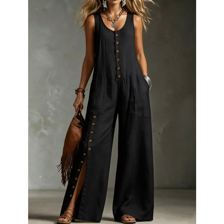 Full Size Sleeveless Button Front Wide Leg Jumpsuit Plus Size Black / S Apparel and Accessories